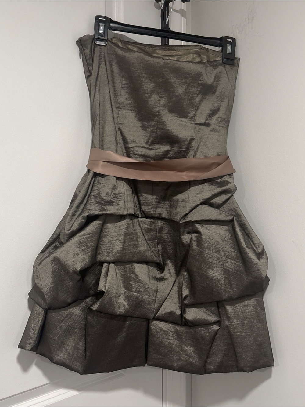 N V Couture Olive Green Party Dress with Satin tan Waist Tie - Picture 3 of 6
